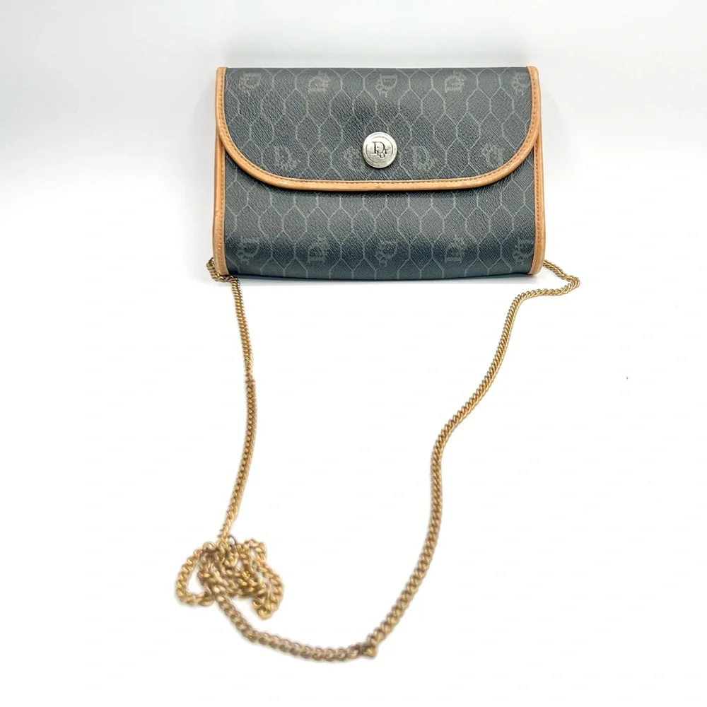 Dior Honeycomb Coated Canvas Chain Shoulder Bag in Black with Tan Leather Trim